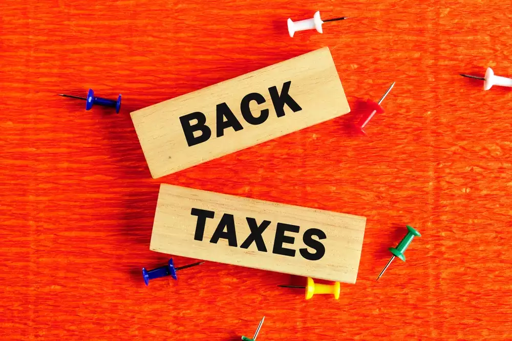 “Back taxes” written on blocks set against a red background