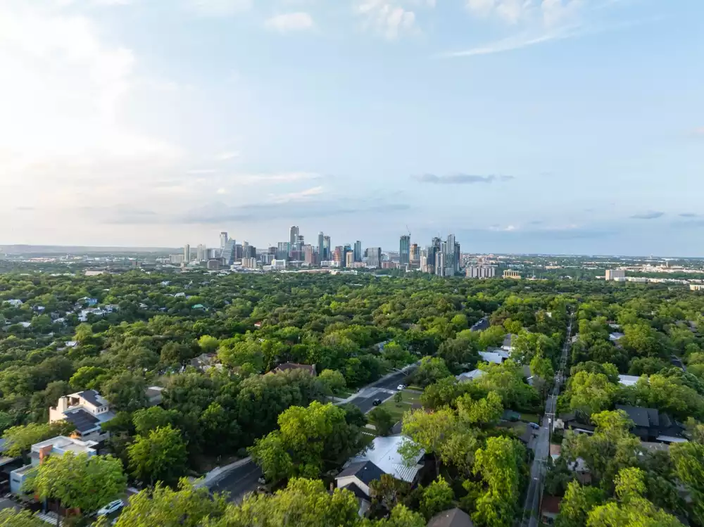 An aerial view of Austin, TX.